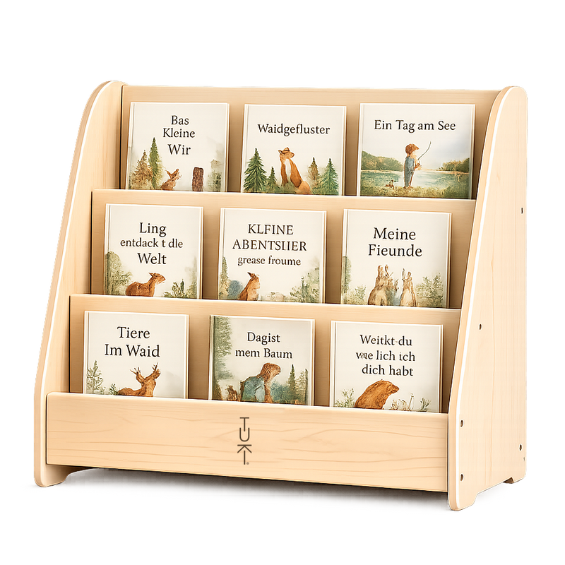 Tuki Montessori Bibliothek – Frontales Bücherregal aus Birkenholz mit drei Reihen auf Kinderhöhe