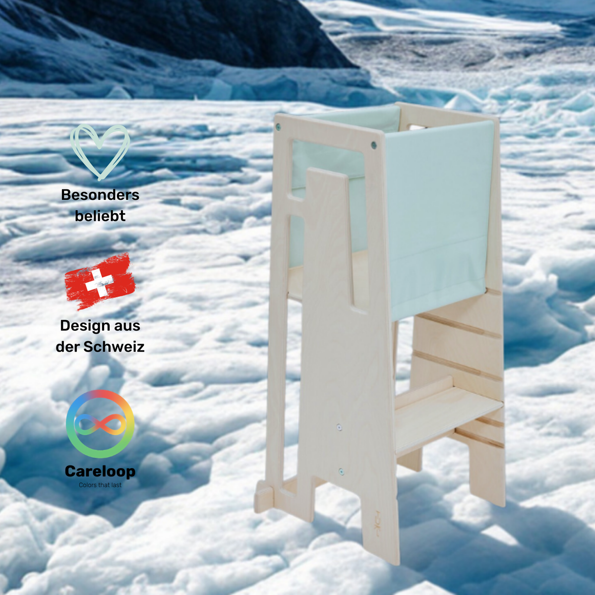 Tuki Starter Cloth Glacier on the Learning Tower – safe use from 9 months