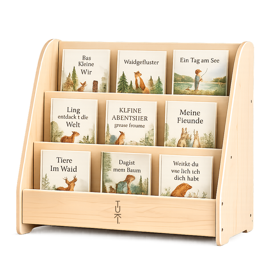 Tuki Montessori Bookshelf – front-facing bookshelf made of birch wood with three rows at child height