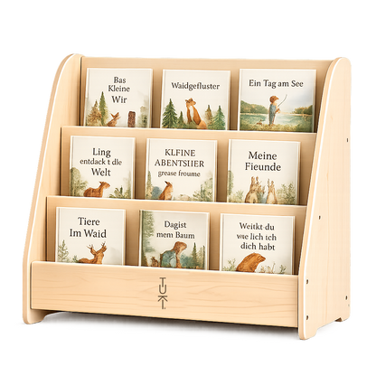 Tuki Montessori Bookshelf – front-facing bookshelf made of birch wood with three rows at child height