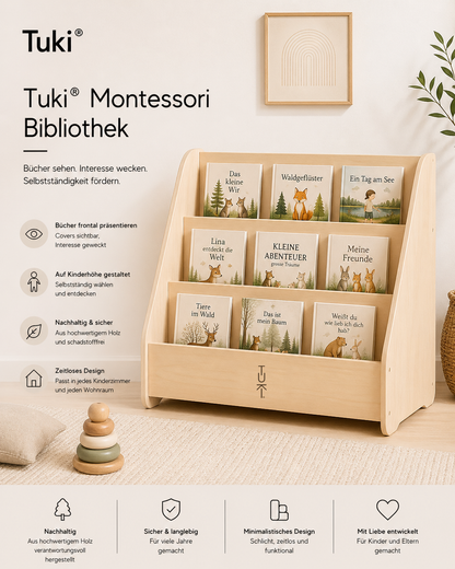 Tuki Montessori Bookshelf in the kid's room – USP overview: front-facing display, child height, sustainable, timeless design